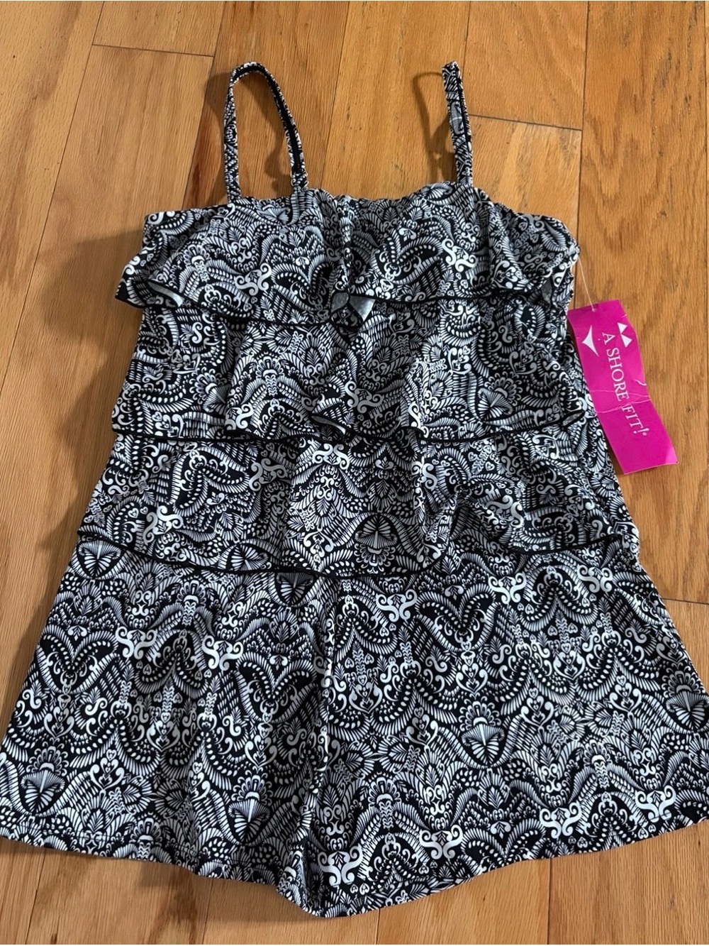 A Shore Fit Black & White Printed One-Piece Swimsuit/Shorts